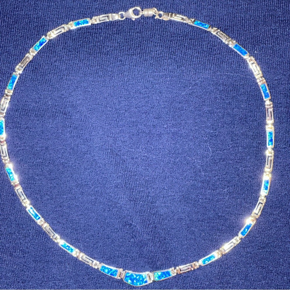 Stunning Sterling Silver Greek key design necklace w Lab-Created Opals